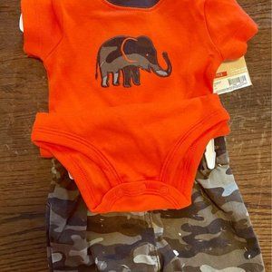 Orange Elephant Onesie And Cammo Pants, 6 mo.